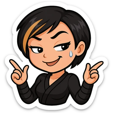 Sexy chibi ninja girl with black short hair and a blonde streak, only head and arms, colorful chibi style with bold outlines, transparent background, no mask, smug grin with a little sweat drop and a teasing expression, sized for Twitch emoji use. sticker