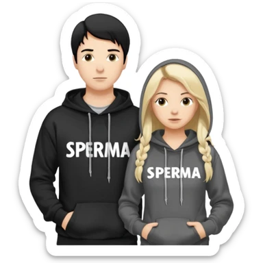 I want it to be this emote 🙍‍♂️
of a white guy with black hair and a black sweatshirt with the word "sperma" written in white in the middle. Behind him, there's a pretty blonde with long hair, pulling the string on the first person's hoodie. The girl is wearing a gray sweatshirt. sticker