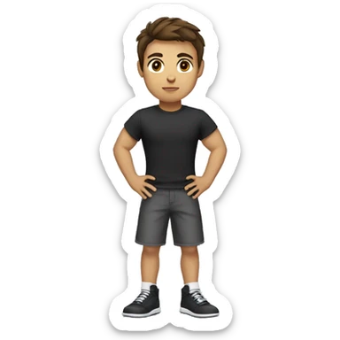 A boy with a tshirt and brown hair and black shoes and brown eyes and with a kickbox sticker
