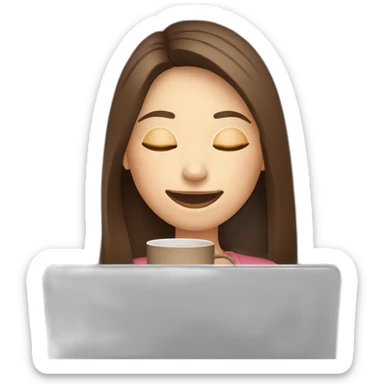 smiling woman with middle brown straight long hair and pale skin eyes closed behind a laptop sipping coffee from a mug sticker