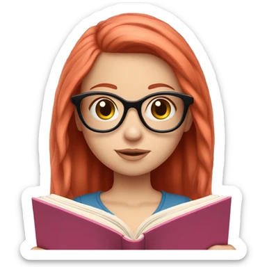 Pale girl with red hair and glasses reading a book she’s got a cute pink outfit sticker