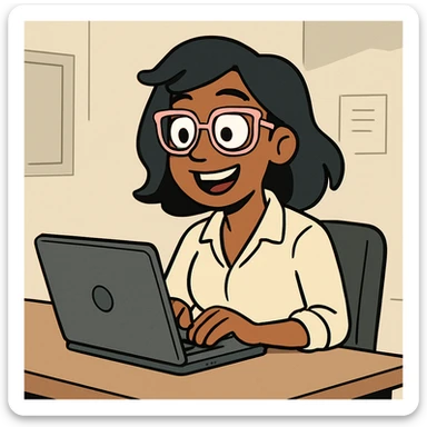 brown-skinned working woman with black hair and light pink eyeglass frames, at a desk with a laptop, minimal cartoon style sticker