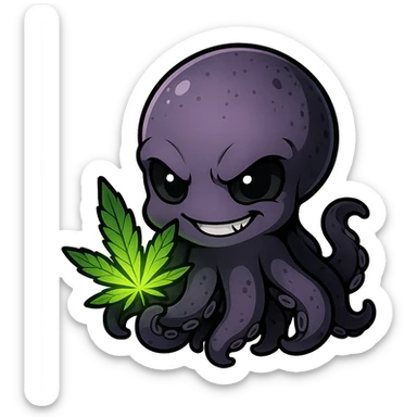 cute small anime kraken with a mischievous grin, holding a glowing green ganja leaf, darknet and drugs theme sticker