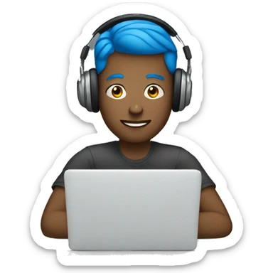 A MAN WITH BLUE EYES WITH HEADPHONES SITTING IN FRONT OF A LAPTOP sticker
