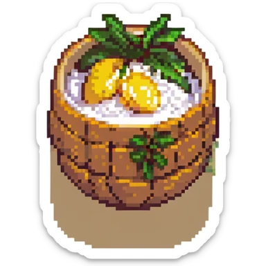 pixel art style mango sticky rice, with sliced mango and coconut rice, colorful and cute sticker