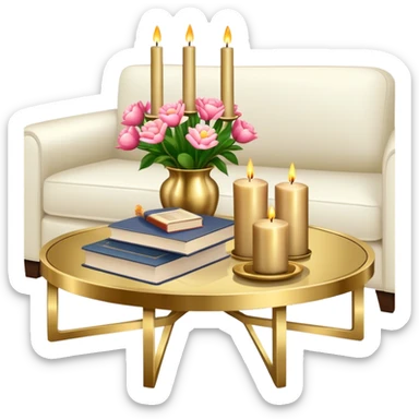 Modern brass coffee table with candles, flowers, and a stack of books sticker