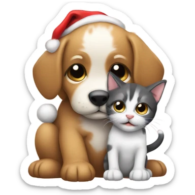 Puppy hugging a kitten wearing santa hats sticker