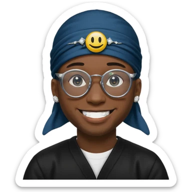 man with black durag,glasses, and smiley with diamond grillz sticker