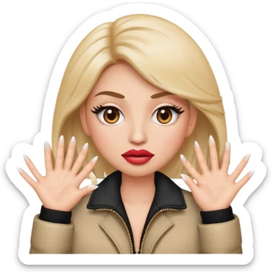 face emoji with big lips makin a face and big eyelashes and a jacket and the hands on the side with long nails  sticker