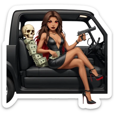 Lilith symbol red eye seductress evil long brown haired sexy succubus woman with leather long dress with slit on, sitting in Big Large F350 pickup truck. Platform long high heels on feet. Back seat full of stacks of cash, she is  Holding a man dead human skull of her enemies and a gun in other hand sticker