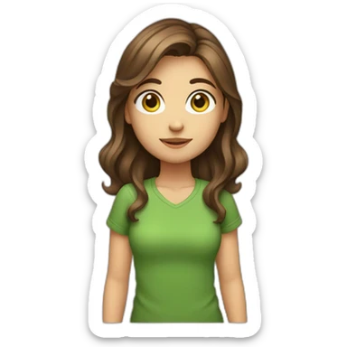 girl middle length brown hair, green t shirt, camera in the hands sticker