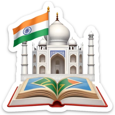 An icon featuring the Taj Mahal and the flag of India, symbolizing the Hindi language. The design includes an open book, representing language learning and cultural richness. Transparent background highlights the heritage of India. sticker