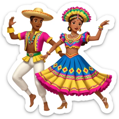 Cinematic Realistic scene of two dancers performing Cumbia, adorned in colorful traditional Colombian costumes with intricate details, captured in rhythmic motion with lively, festive lighting sticker