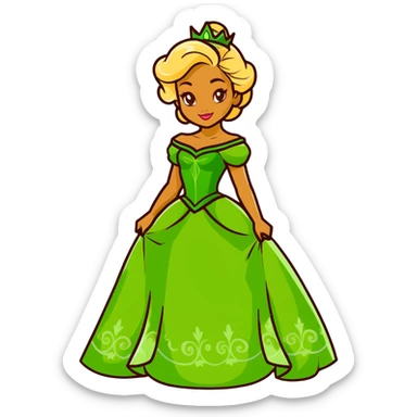 Disney Princess Tiana with super long blonde curly hair, green princess dress sticker