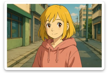 A girl yellow hair brown eyes pink Urban Heavy Loose Fit Hood Sweat sticker