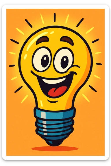 funny smart light bulb, playful, cartoon style, vibrant colors, expressive face, whimsical, big eyes, smiling, exaggerated features, comic style sticker