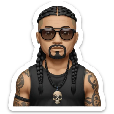 Samoan male. Chin goatee with no hair upper lip
Untucked loose fitting black t-shirt. 
long black braided hair.
very muscular.
Even More tattoos. 
Tough and menacing.
Dark black square sunglasses. sticker