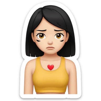 OnlyFans model with black hair, wearing a crop top, looking sad, emoji style sticker