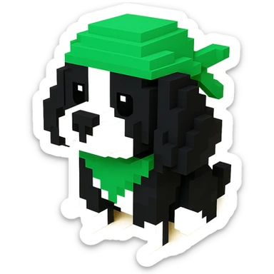 A black and white Russian Cocker Spaniel puppy wearing a green durag, voxel style, standing sticker
