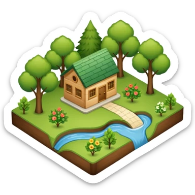 An icon featuring a local map, symbolizing local gardening. The design includes a different trees, and 1 tiny wooden house, representing the unique geography and culture of a specific area. Transparent background highlights the exploration of local history and environment. sticker