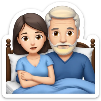 Grey haired man with beard, and brunette woman in bed  sticker