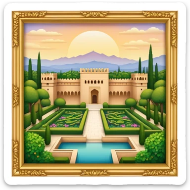 Cinematic Realistic Alhambra Landmark Emoji, showcasing the ornate historic palace with lush gardens rendered with rich textures and soft, majestic lighting. sticker