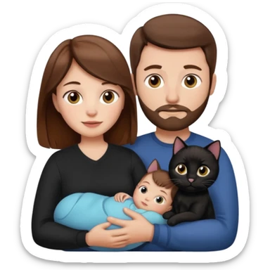 1 mom brown hair, 1 dad no beard, 1 baby and 1 black cat sticker