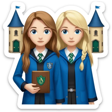a pretty ravenclaw girl with long brown hair and blue eyes standing with a hot Slytherin girl with long blonde hair, blue eyes sticker