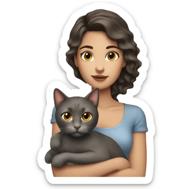 pretty wavy brunette woman with brown eyes holding grey cat sticker