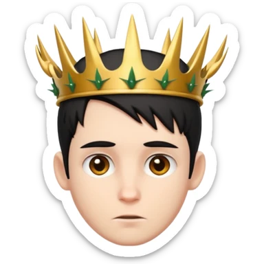 White boy with black short straight hair, has a horns on his forehead and wearing a crown of thorns sticker