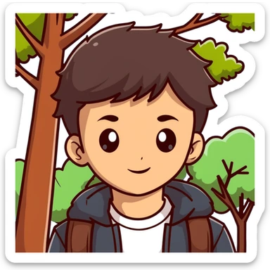boy with straight brunette hair brown eyes and tree behind sticker