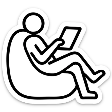 minimalist icon of a lazy SMM specialist sitting in a bean bag chair with a tablet, relaxed style sticker