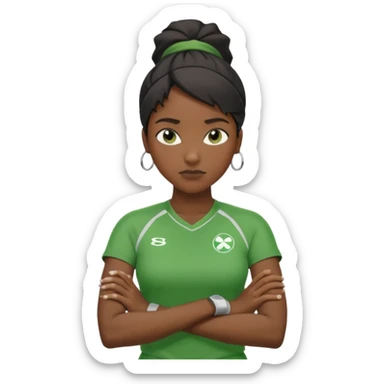 A calm black female coach with folded arms, analyzing the game with sharp focus, green clothes sticker