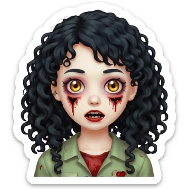 Emoji garota zombie com cabelo preto cacheado longo com franja cacheada sem volume sticker