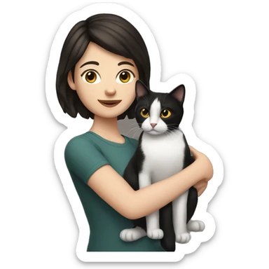 white woman with short dark brown hair holding one black and white cat sticker