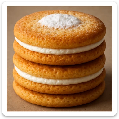 Make the ladyfinger biscuits more realistic: enhance the golden-brown color, add detailed airy and spongy texture, improve the powdered sugar dusting, and refine the soft highlights and shadows for a lifelike 3D appearance. Keep the arrangement and background the same, no anthropomorphic features. The style should maintain the original realistic photographic look of the biscuits. sticker