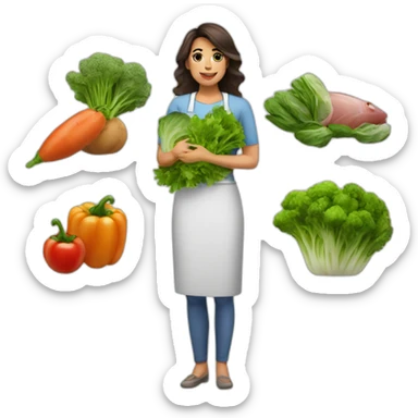 woman latina nutriologist with some vegetables an meat an fish sticker
