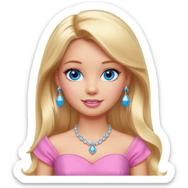barbie, long blonde hair, pink dress, with blue eyes,different dress,ear rings, jewelry, different face expressions. sticker