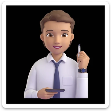 apple-style 3D emoji avatar of a fair, handsome young man with light brown hair, brown eyes, bright smile, wearing white button-up shirt, digital pen behind one ear, smartwatch, creative tech-savvy vibe, dark background sticker