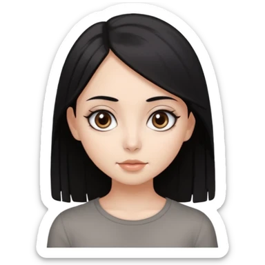 A very beautiful girl, she has black hair, dark chocolate-coloured eyes, an indirect small nose. medium-length hair, perfectly straight. big eyes. she is wearing a gray top, white skin colour. sticker