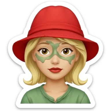 messy green clay mask and red tourist hat blond woman sticker