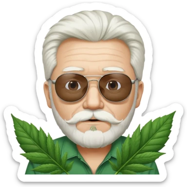 An old skinny guy in his 50's with white hair and stumbly small white beard, he wears a pair of sunglassed and holds a Big marihuana leaf  sticker