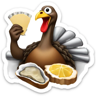 Turkey holding slice of black toasted bread with pan of oysters, fire sticker