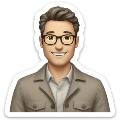 Joyful Pale skinned Fit Man With dark brown hair in gray jacket, beige office shirt, Brown pants and vintage glasses. His thrumbs up sticker