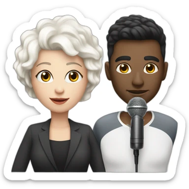 White man with dark hair next to a white woman with very short white hair, podcasting with mics and a MacBook sticker