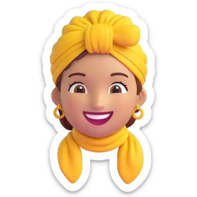 Create a 3D cartoon style emoji closely matching the reference photo. Capture her facial features, bright smile, yellow headwrap, earrings, and pose. The expression should be warm and welcoming. Keep the background transparent. sticker