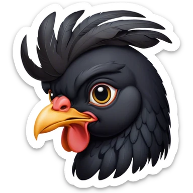 Cinematic Noble Black Chicken Portrait Emoji, Poised and regal, with a compact, sturdy build and a glossy, well-groomed pure black plumage, deep-set soulful beady eyes, Simplified yet sharp and sophisticated features, highly detailed, glowing with a soft, dignified glow, high shine, intelligent and alert, stylized with an air of mysterious elegance, focused and attentive, soft glowing outline, capturing the essence of a watchful and confident fowl, so majestic it feels as though it could strut out of the screen with effortless authority! sticker