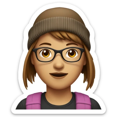 Girl with brown short hair and bangs with glasses and wearing a beanie  sticker