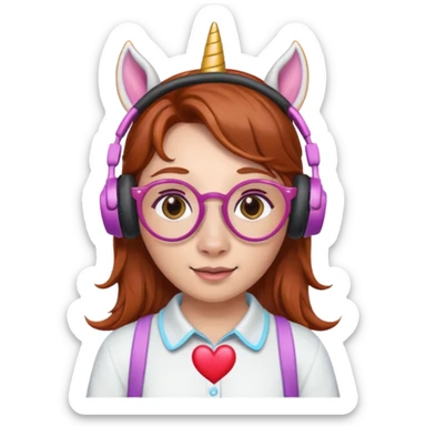 headphone wearing unicorn with dark ginger hair and heart shaped spectacles sticker
