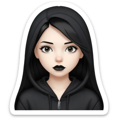 Black haired girl, silver eyes, black lipstick, white skin, black hoodie, sharp face, long hair, hoodie off sticker